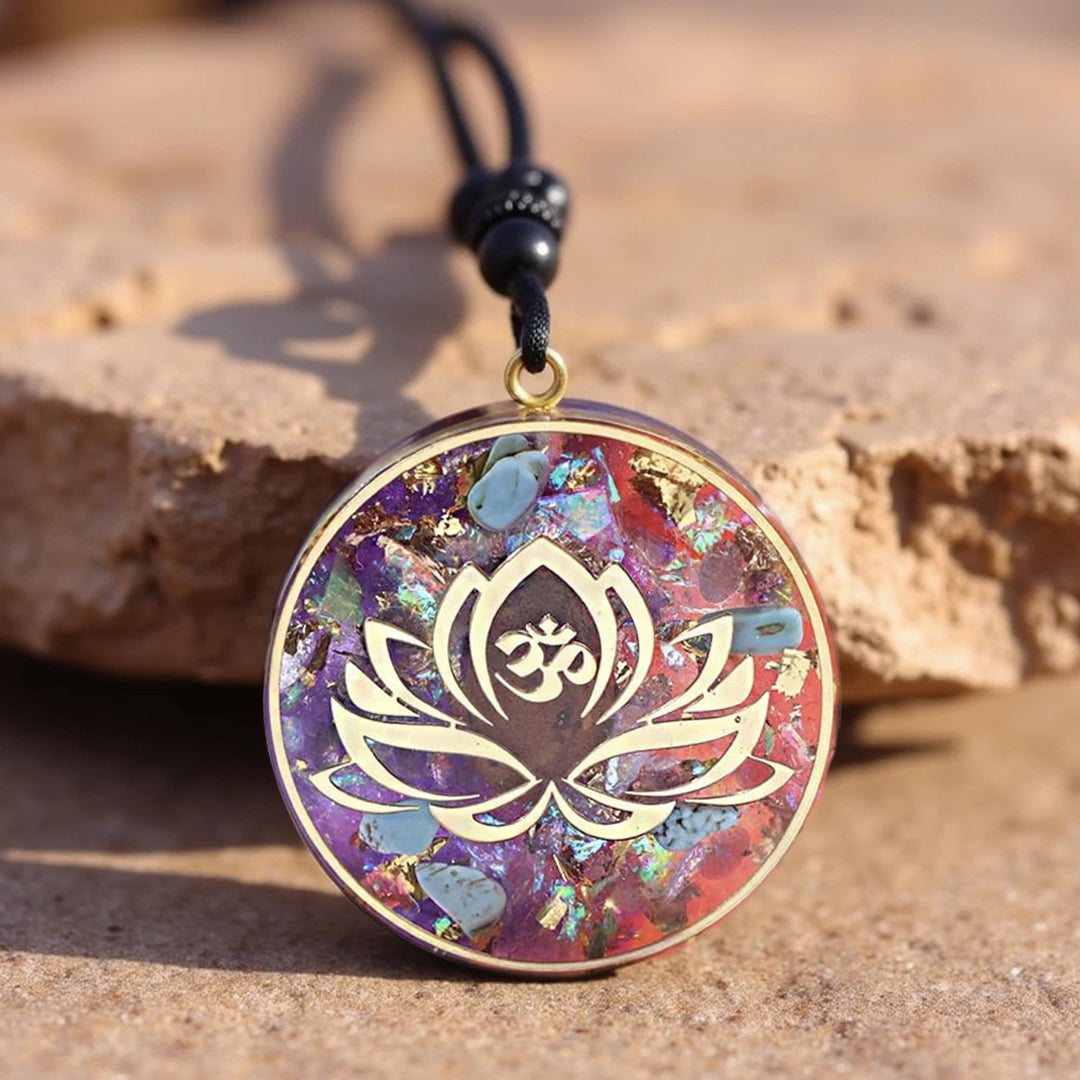 Orgonite Pendant “Lotus-Om” in Turquoise & Tiger’s Eye